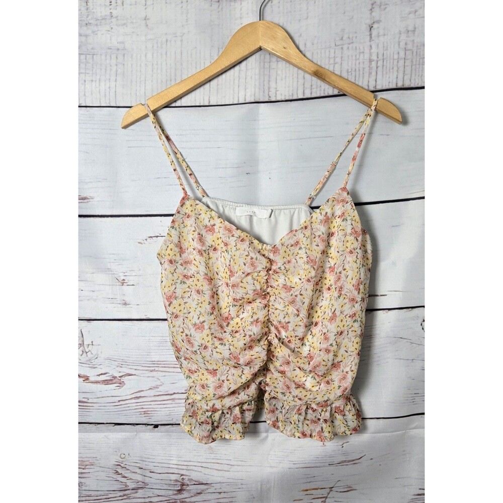 Lush Womens Top Medium Yellow Pink Floral Ruched Camisole Adjustable Straps